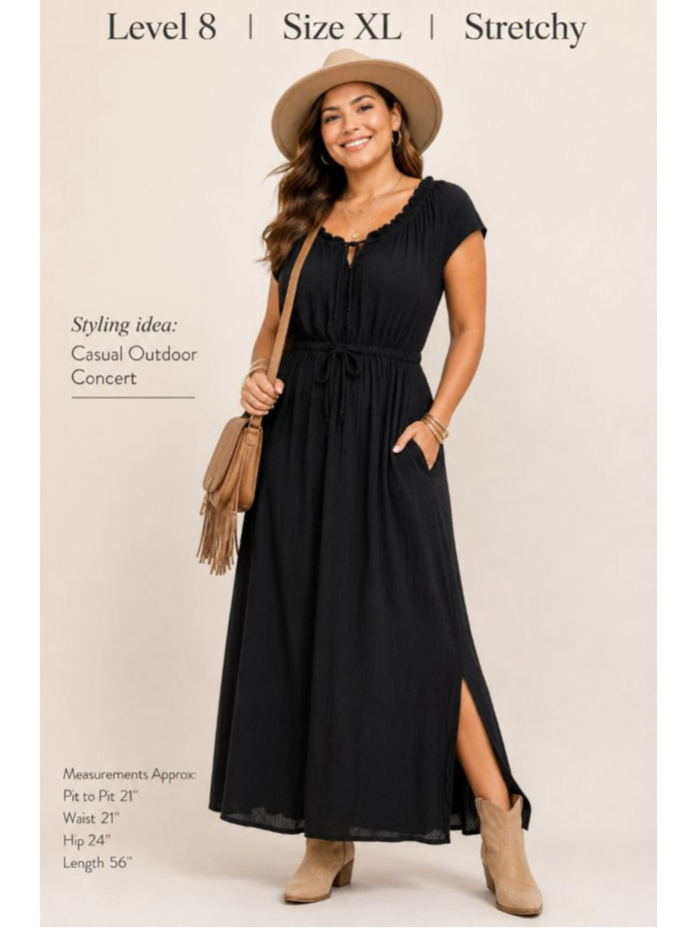 Level 8 Black Maxi Dress XL Boho Stretchy Casual Resort Vacation Side Slit Dress